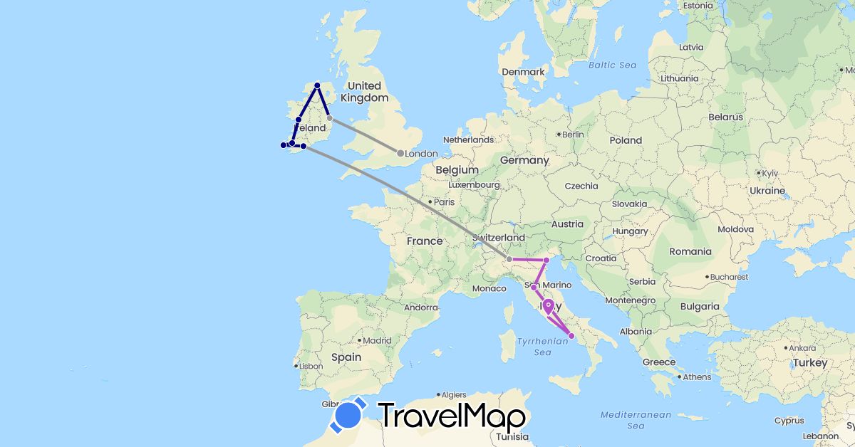 TravelMap itinerary: driving, plane, train in United Kingdom, Ireland, Italy (Europe)